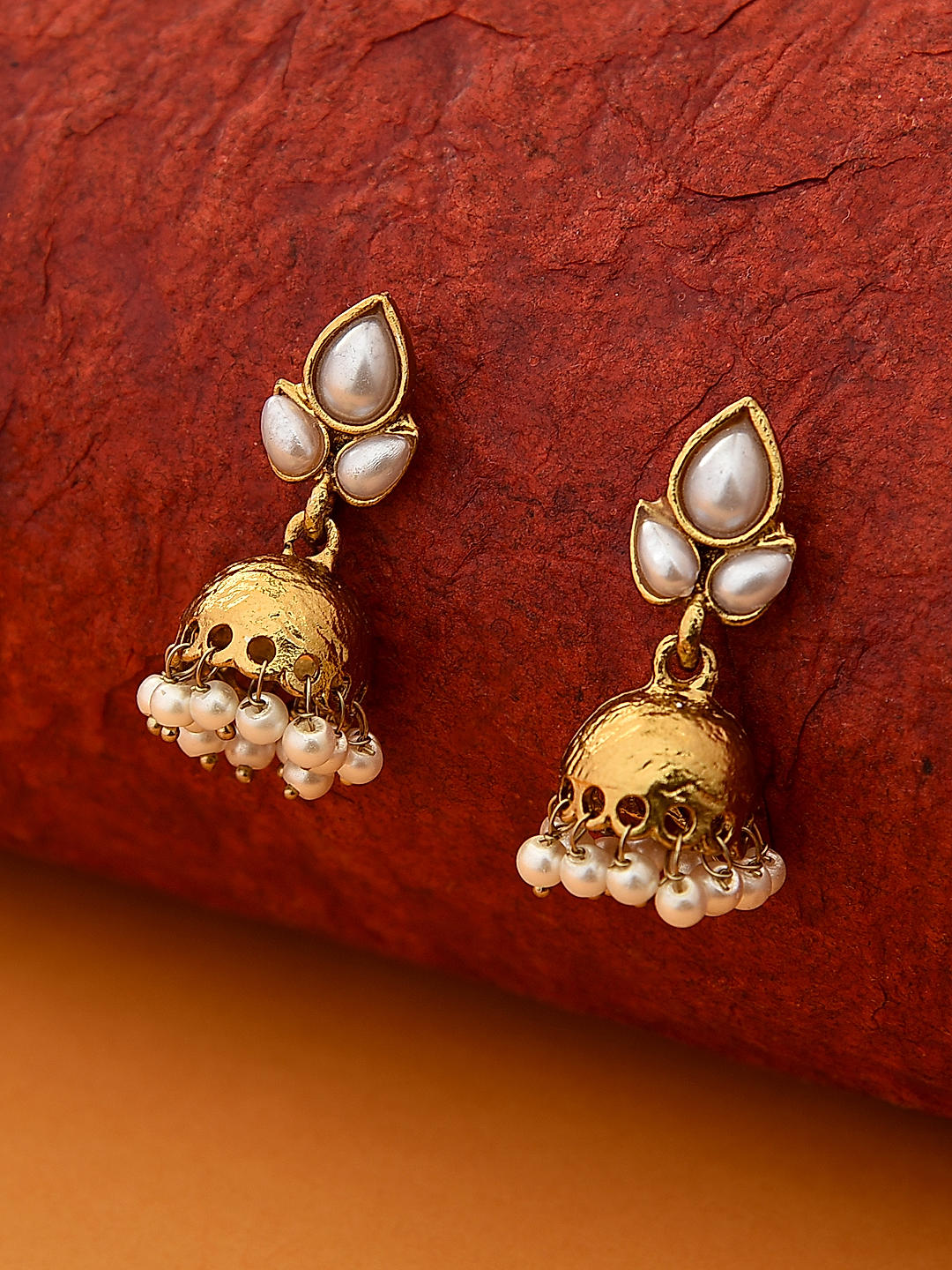 Fida Ethnic Traditional white club shaped small jhumka earrings with white pearl drops