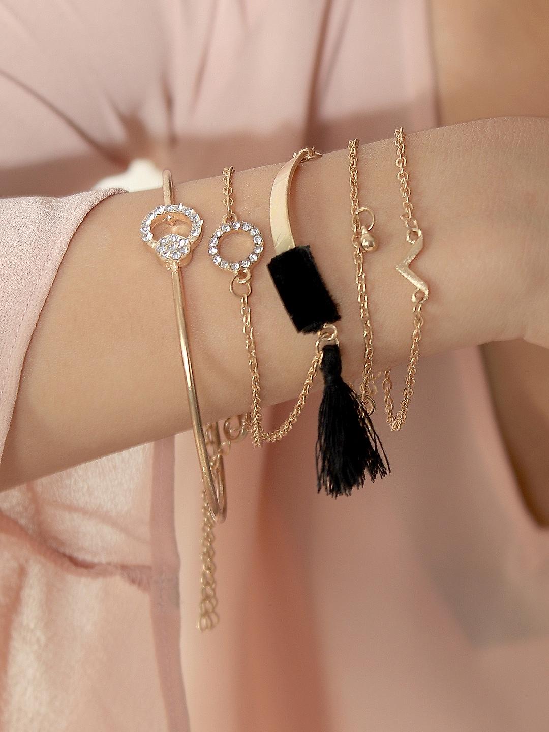 Toniq Set Of 5 Gold Black Tassel Cuff Charm Bracelet For Women