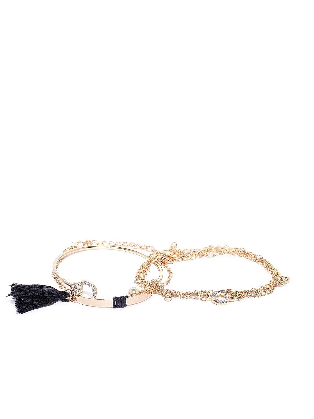 Toniq Set Of 5 Gold & Black Tassel Cuff Charm Bracelet For Women
