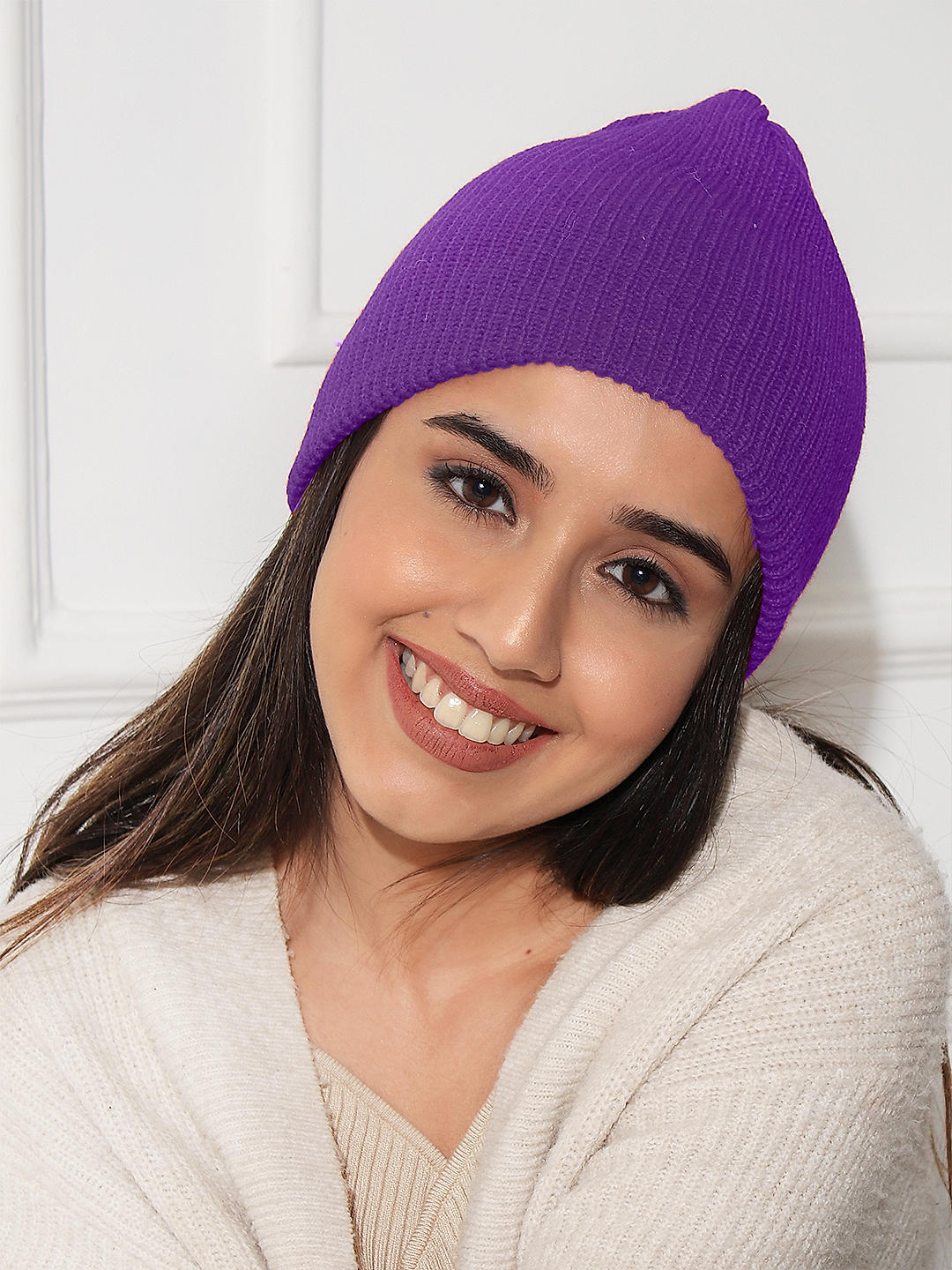 Toniq Purple Front Fold Ribbed Winter Beanie Caps For Women