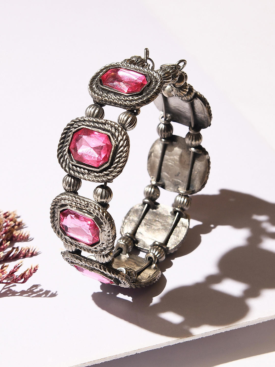 ToniQ Stylish Oxidised Silver Plated Pink Stone Studded Bracelet for Women