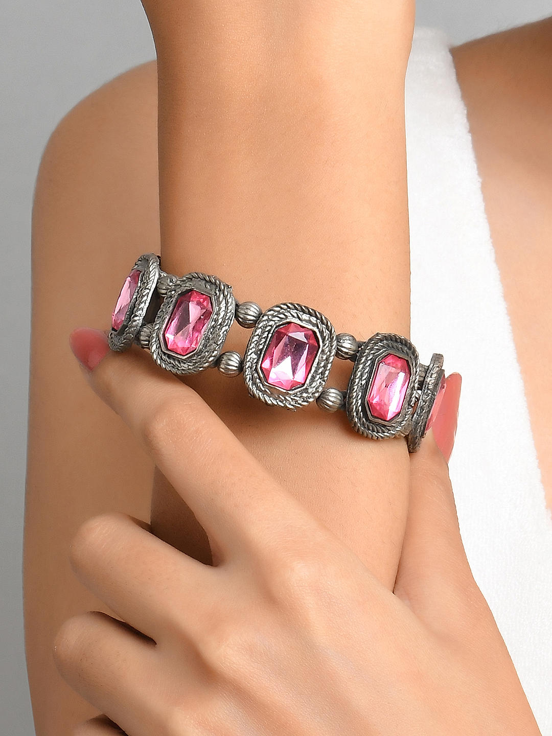 ToniQ Stylish Oxidised Silver Plated Pink Stone Studded Bracelet for Women