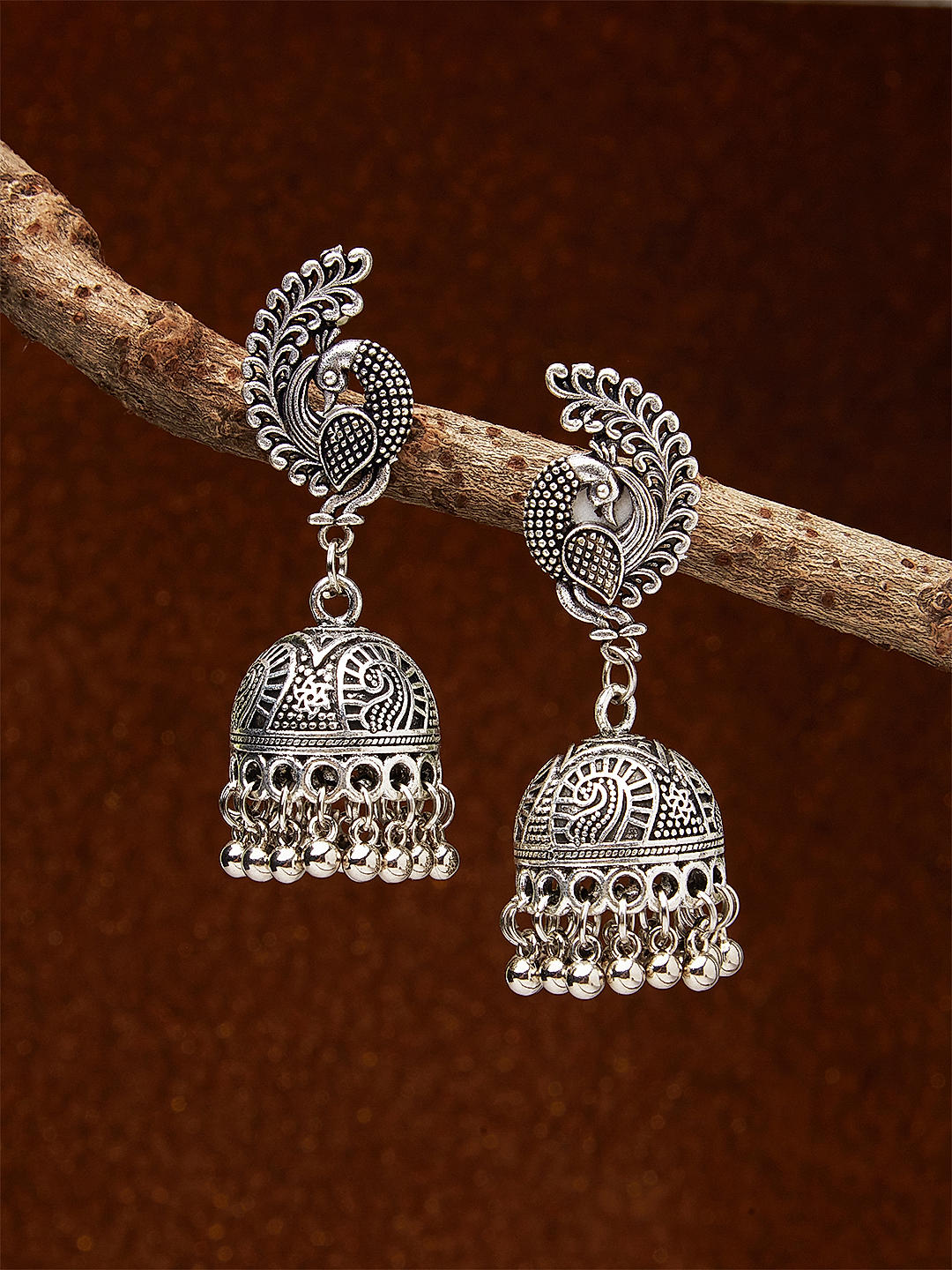 Ethnic Indian Traditional Silver Peacock Engraved Jhumka Earrings For Women