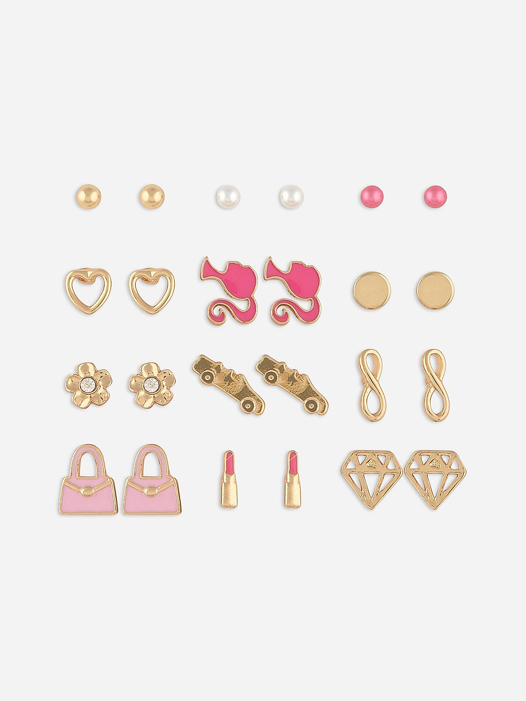 Shop online Barbie TM Limited Edition Pink Heart Pearl Lipstick Purse Diamond Car Clip Shape Set of 12 Stud Earrings Best Price