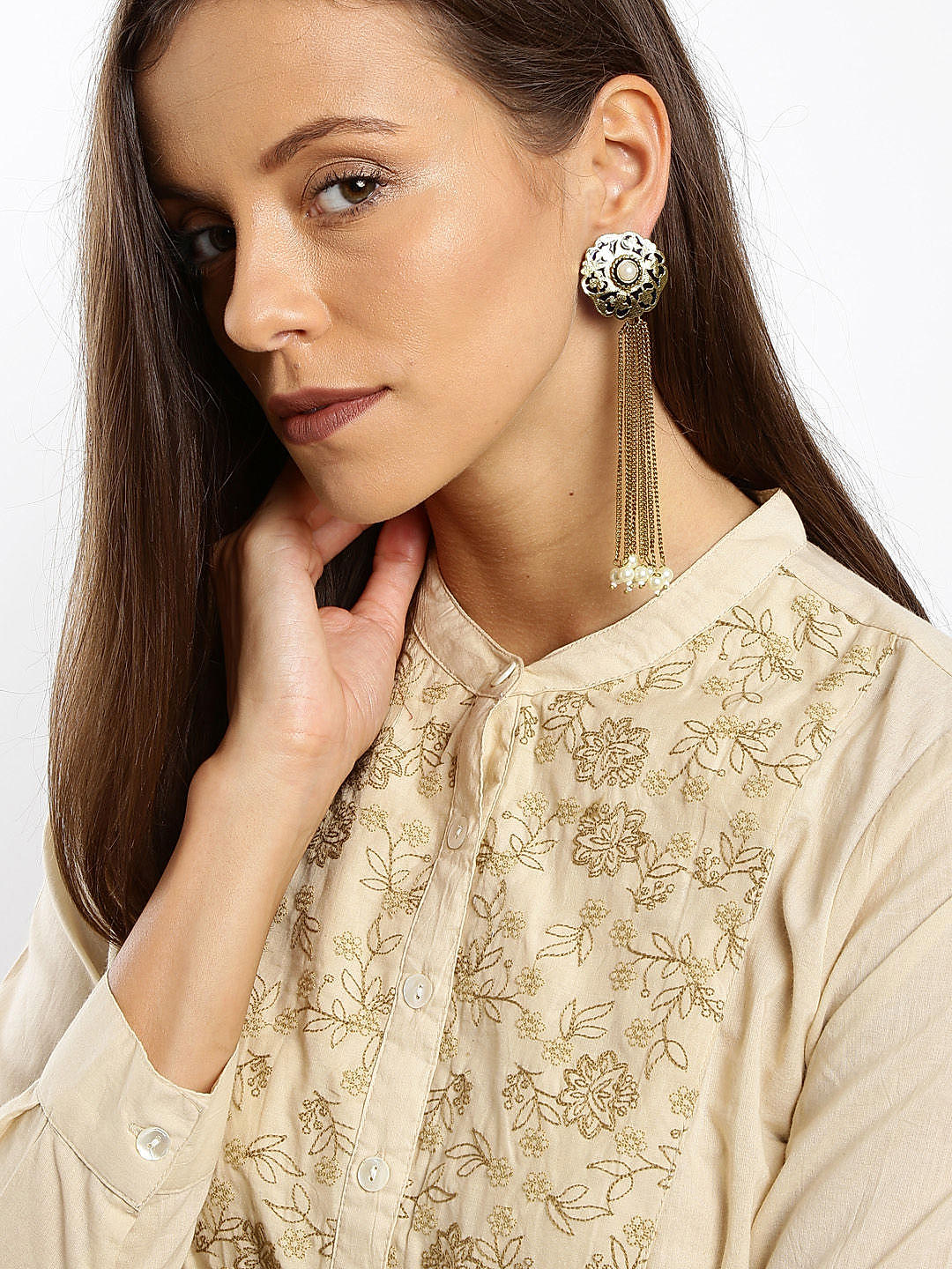 Gold Tone White Pearl Blue Enamel Tassel Drop Earrings For Women