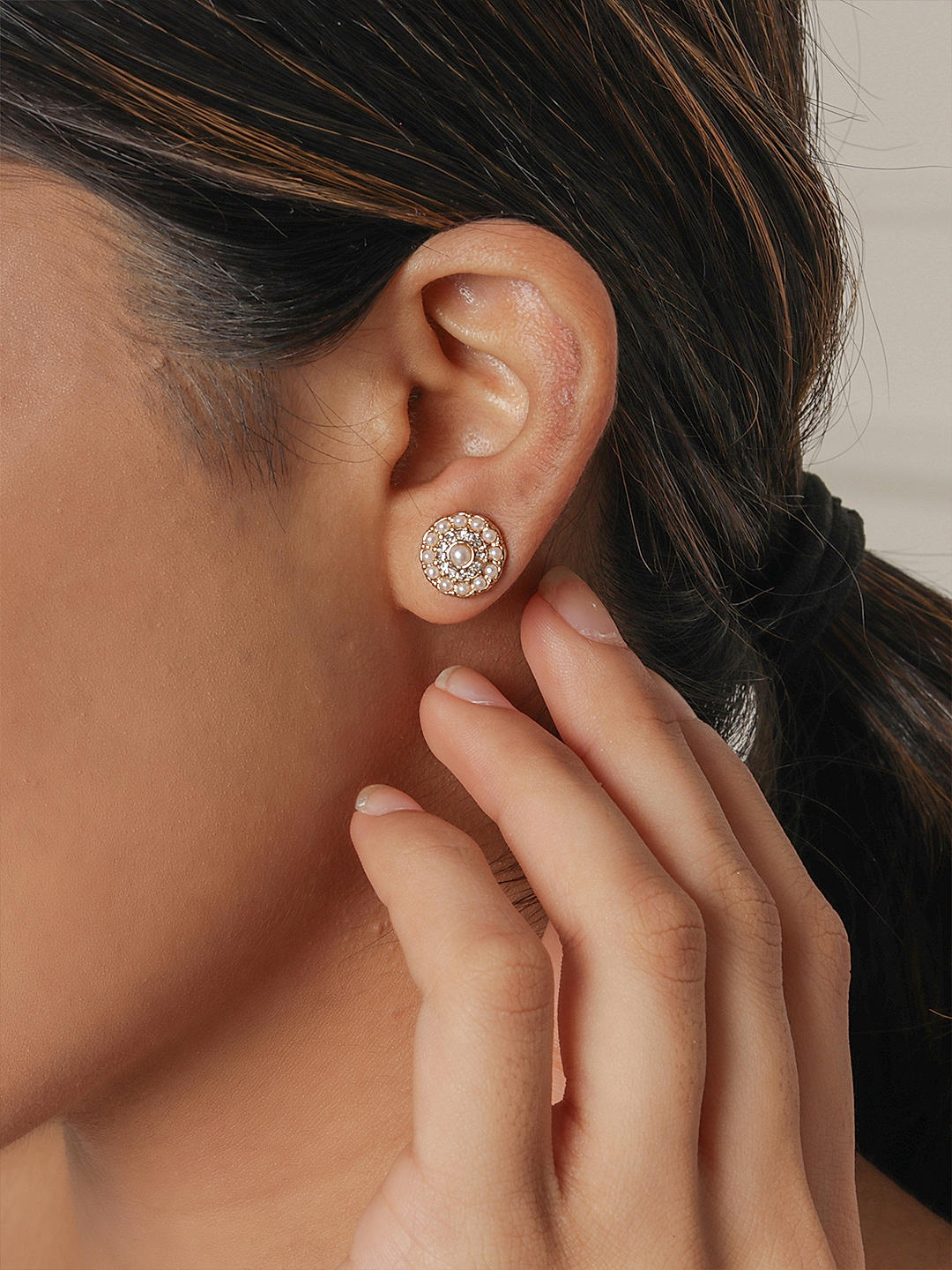 Toniq Gold CZ Stone Pearl Halo Stud Earrings For Women