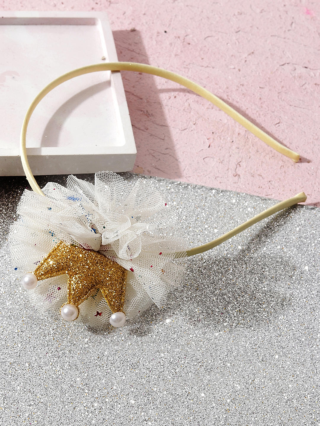 Toniq Kids White & Gold Mesh Crown Bow Hair Band For Kids Girls