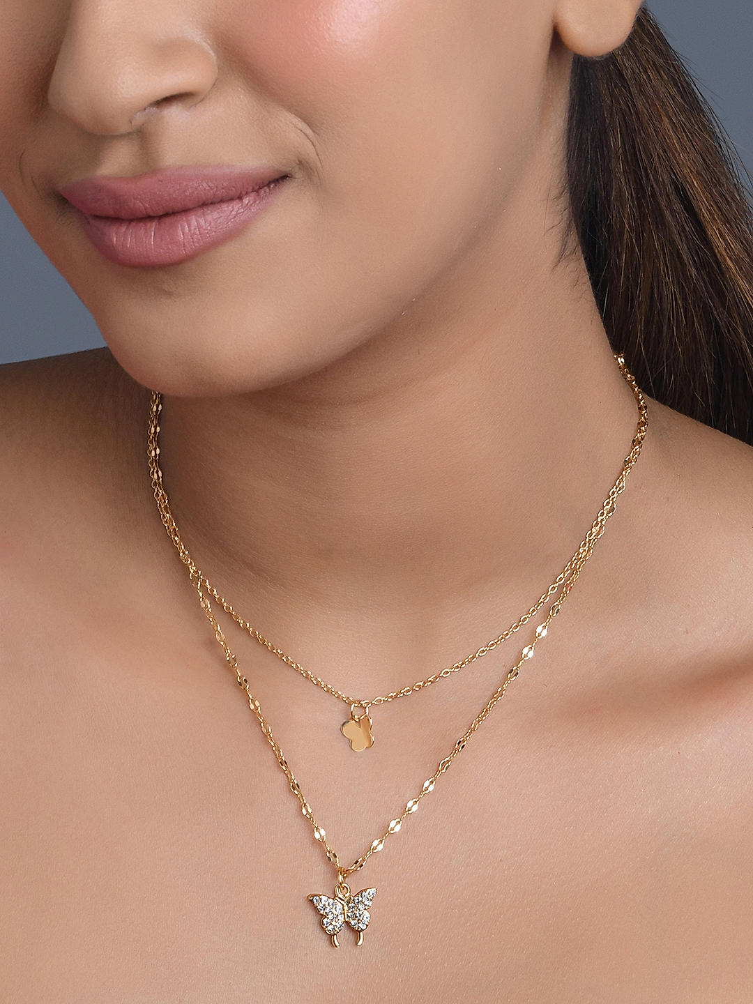 Toniq Gold Plated Butterfly Charm Pendant Layered Necklace For Women