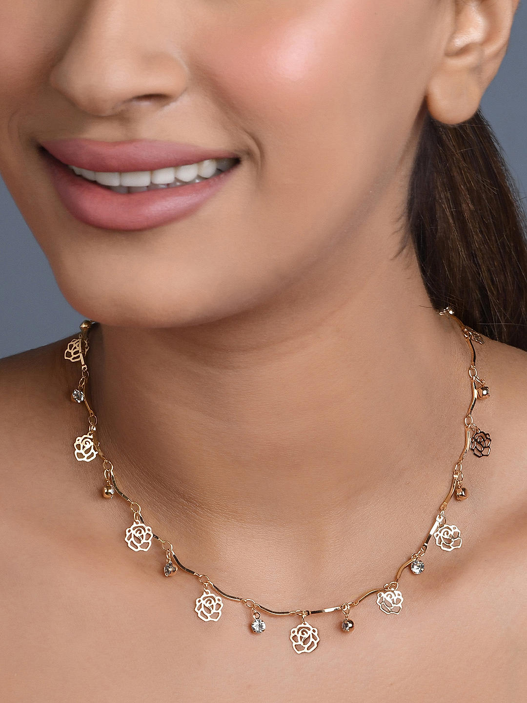 Toniq Gold Plated Czstone Studded Delicate Rose Charm Choker Necklace For Women