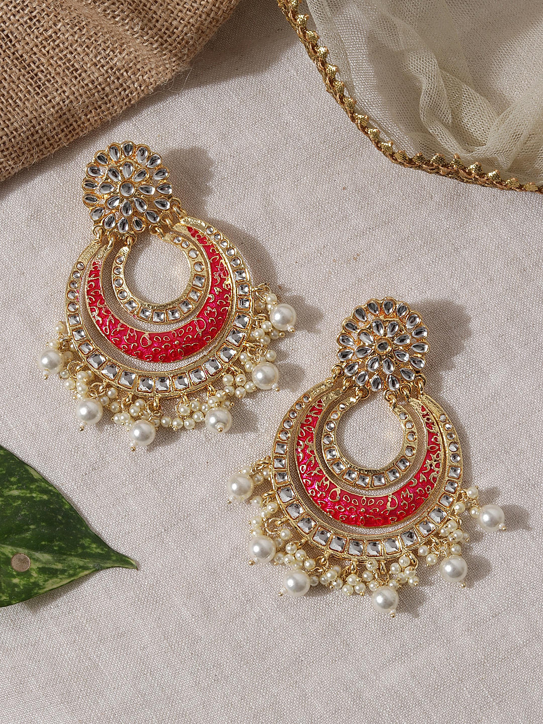 Ethnic Traditional Wedding Gold Fuchisa Kundan Pearl Drop Earrings For Women