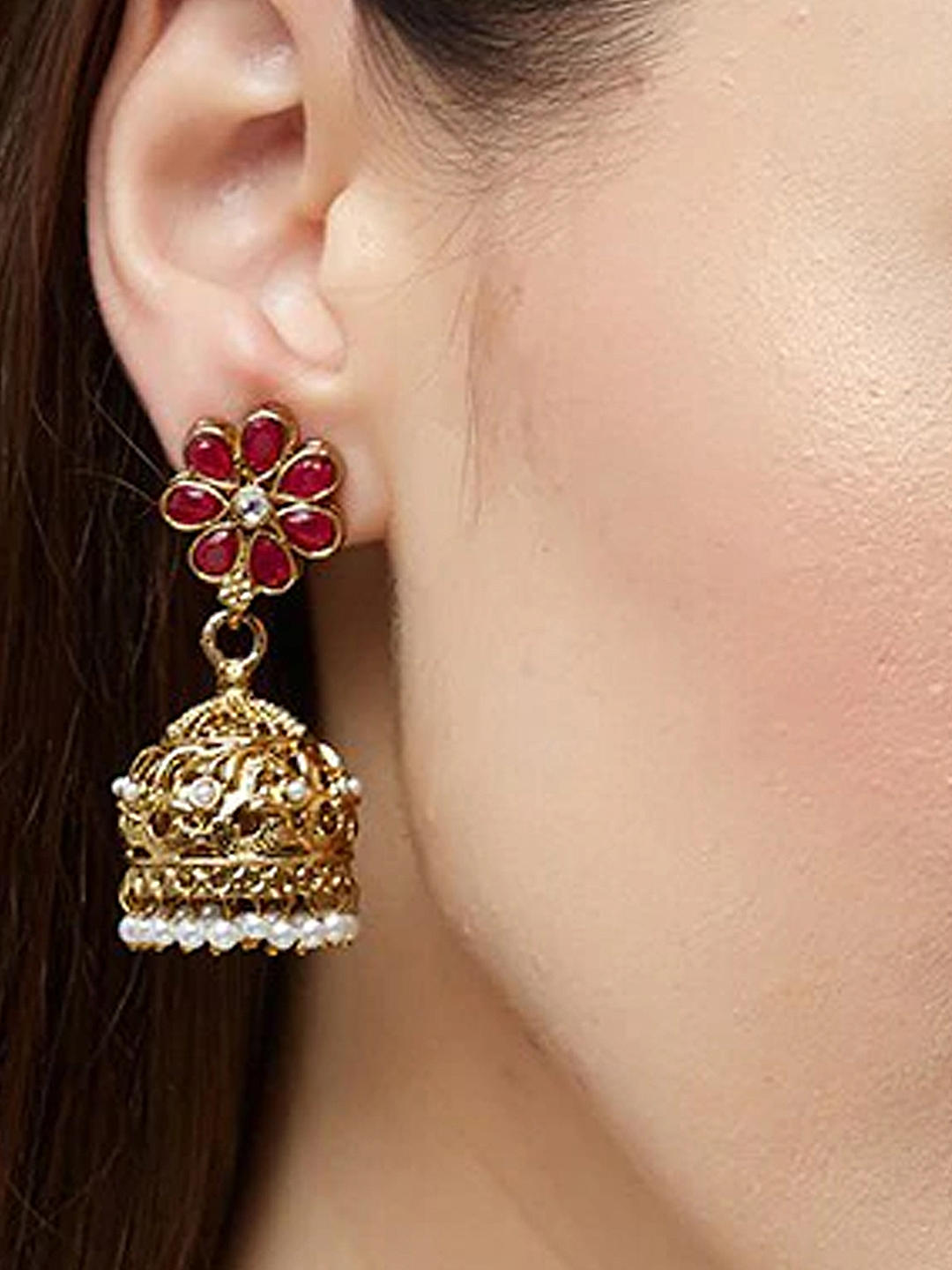 Ethinic Indian Traditional Gold Red stone Embellished Tasseled Jhumka Earrings For Women