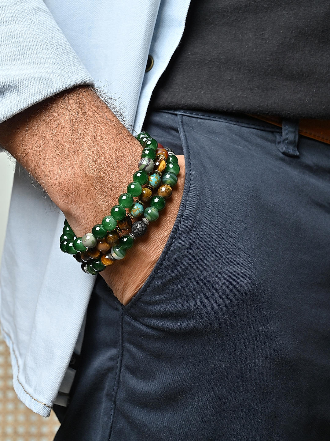 The Bro Code Green Brown Set of 3 Beaded Bracelet For Men with Gold