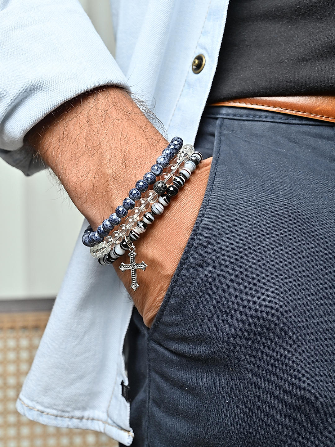 Mens bead bracelet with cross clearance