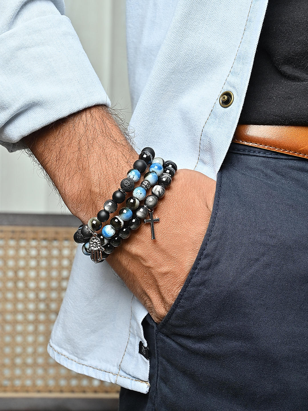 The Bro Code Blue Grey Set of 3 Beaded Bracelet For Men