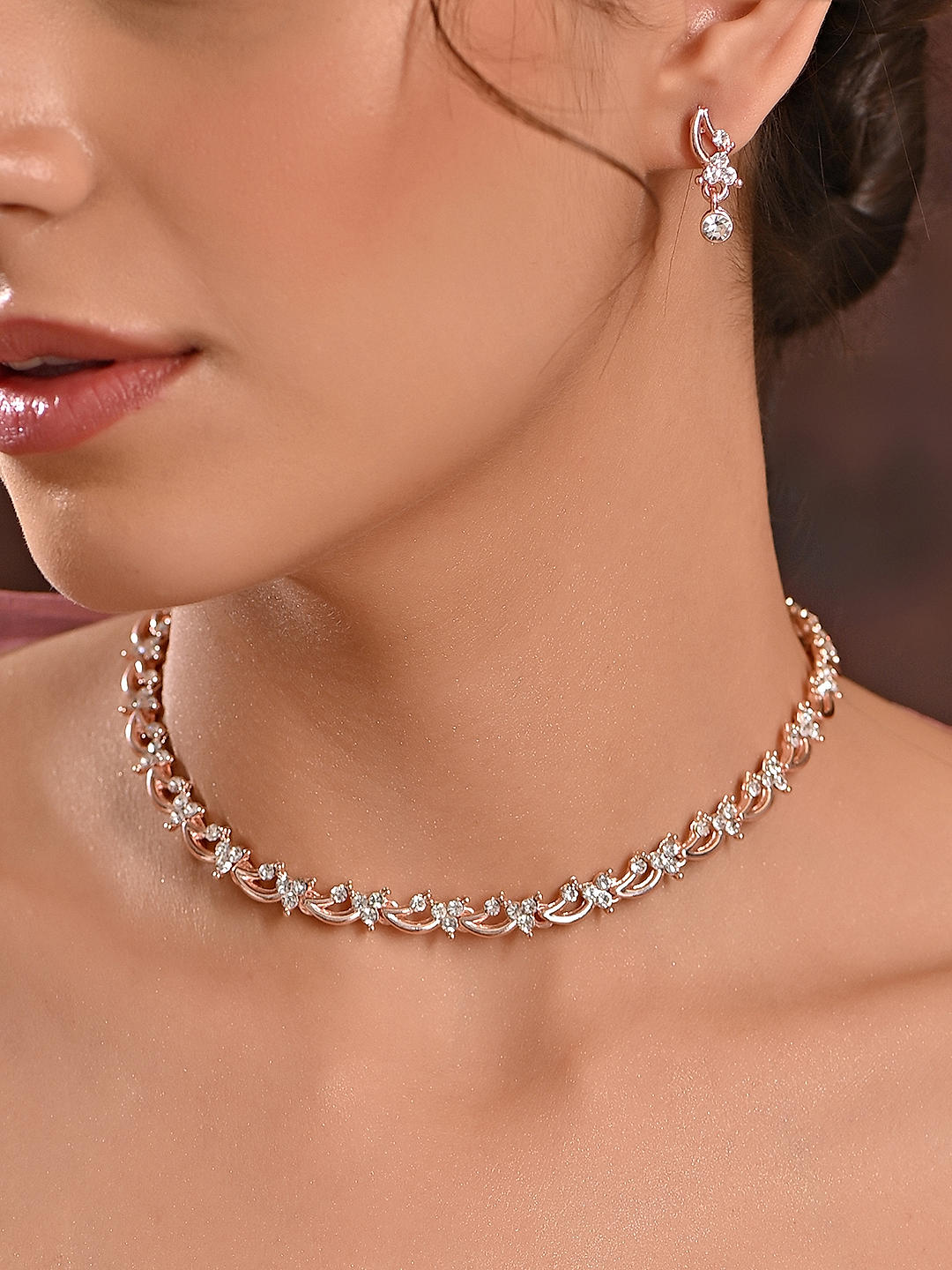 shop by Fida Rose Gold Plated AD Stone Choker Necklace stud Earrings Jewellery set