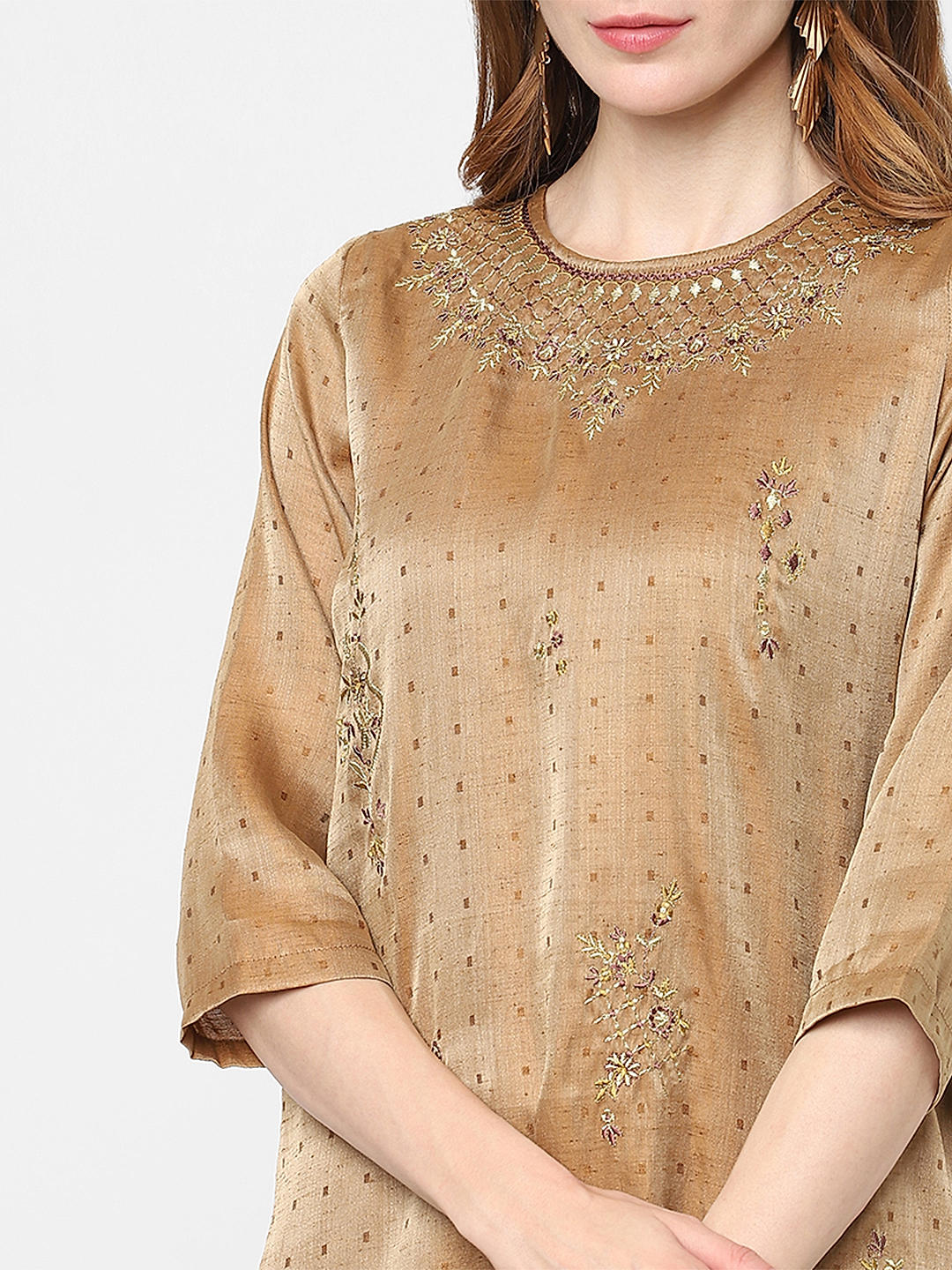 Pale Golden Silk Printed & Embroidered Kurti - KAY KRAFT