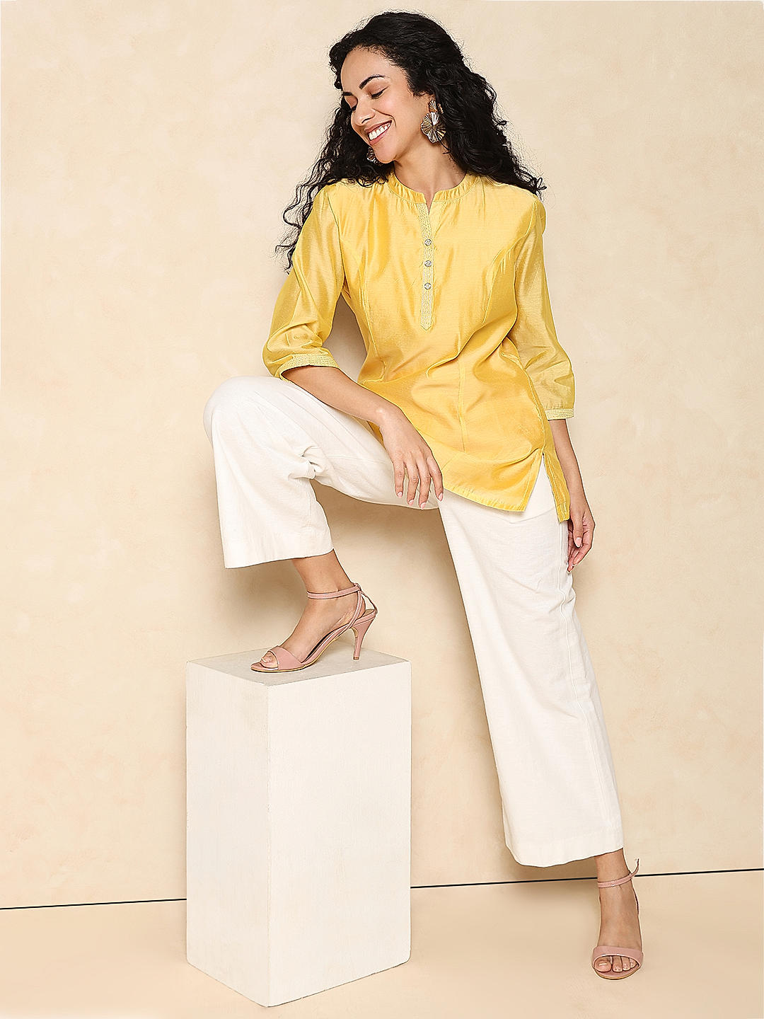Buy Yellow Cotton 100s Voile / Viscose Lycra Jersey Round Neon Short Kurti  For Women by Ritu Kumar Online at Aza Fashions.