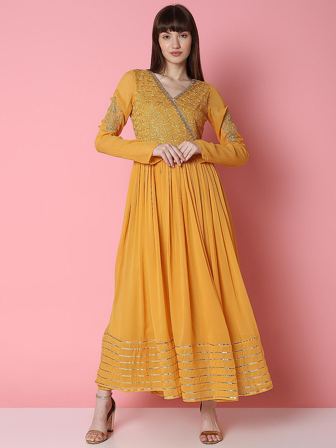 Mustard Embroidered Maxi Ethnic Dress