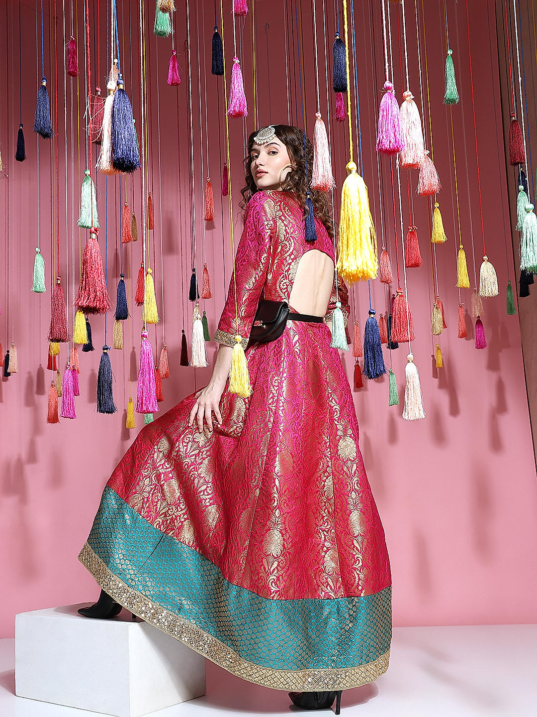Buy Dark Pink Taffeta Jacquard Maxi Dress Festive Wear Online at Best Price  | Cbazaar