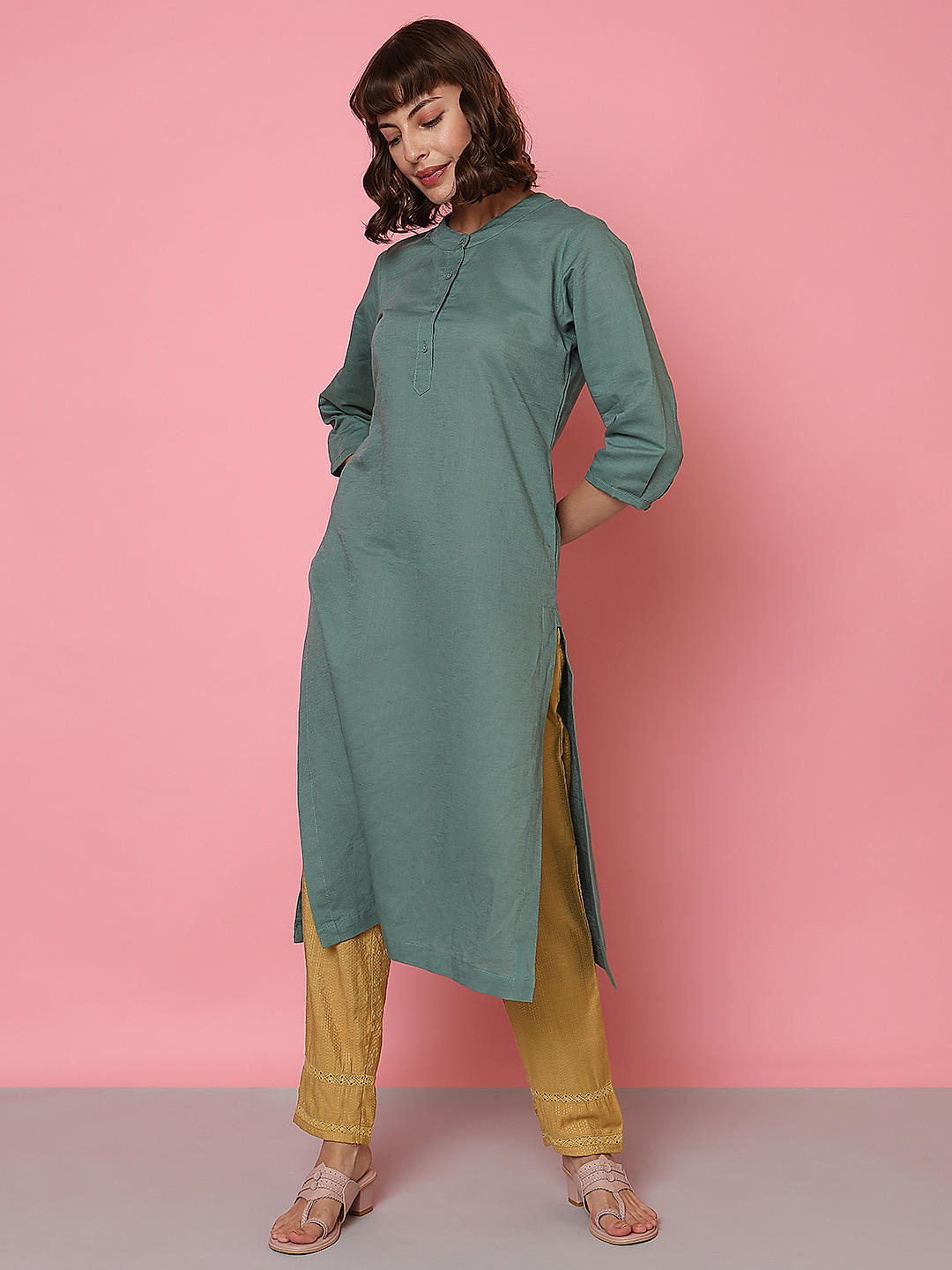 W Olive Green Embroidered Kurta with Gold Parallel Pants