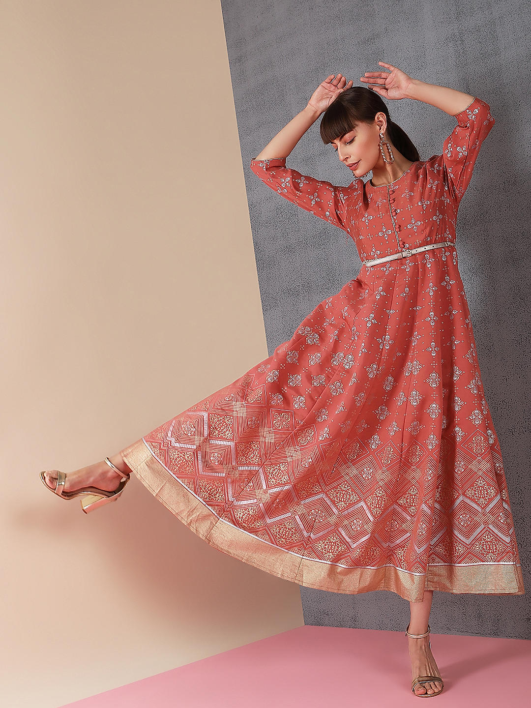 Peach Printed Fit & Flare Ethnic Dress