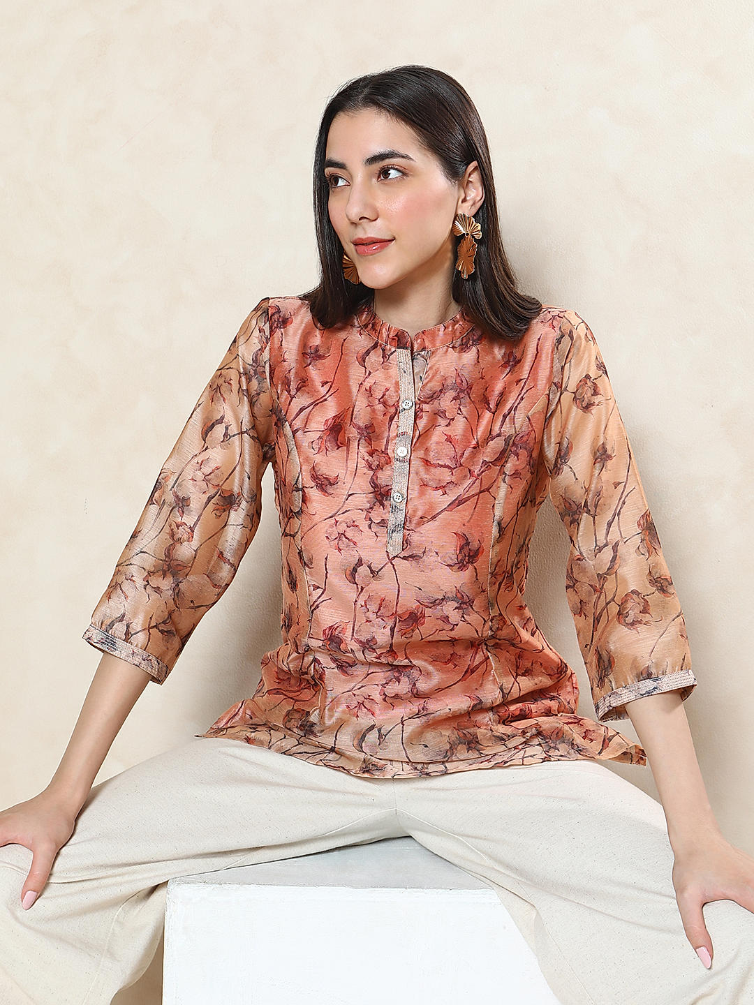 Buy Beige Cotton Print Floral Round Neck Short Kurti For Women by Adara  Khan Online at Aza Fashions.