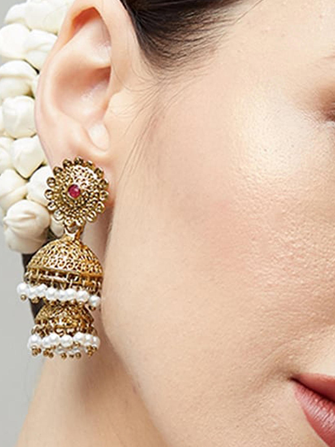 Amyra Golden Pearl Drops Three Layer Jhumka Temple Earrings