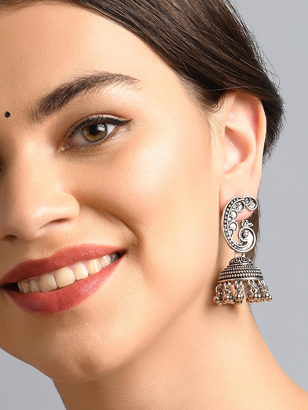 Oxidized Chandbali Jhumka Jhumki Peacock Ethnic Statement Hoop Earrings  Jewellery for Girls and Women (Silver)