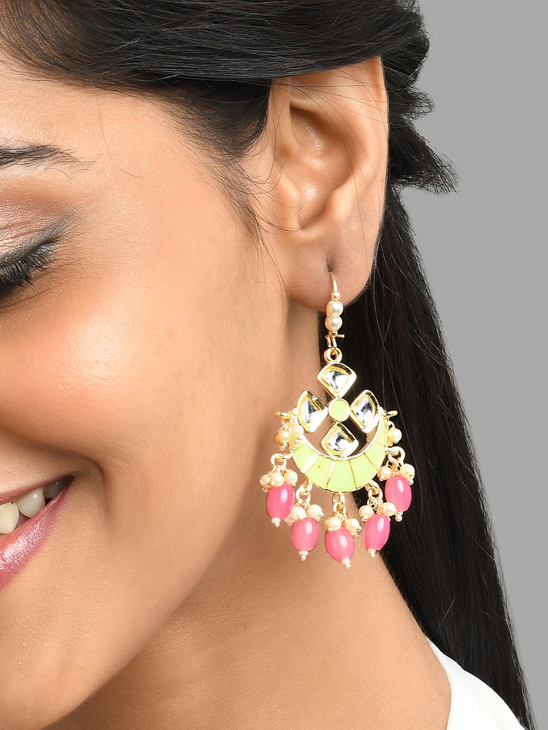Buy Peora Gold Plated Brass Kundan Faux Pearl Chandbali Earrings Jewellery  - Rani Pink at Rs.1198 online | Jewellery online