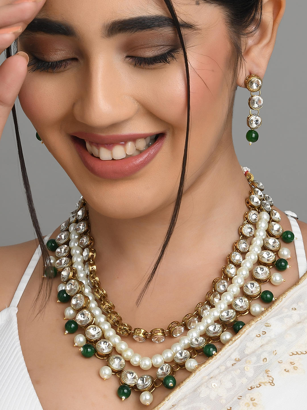Green Kemp Stones and Pearl Jhumkis Jhumka Traditional South India Earrings