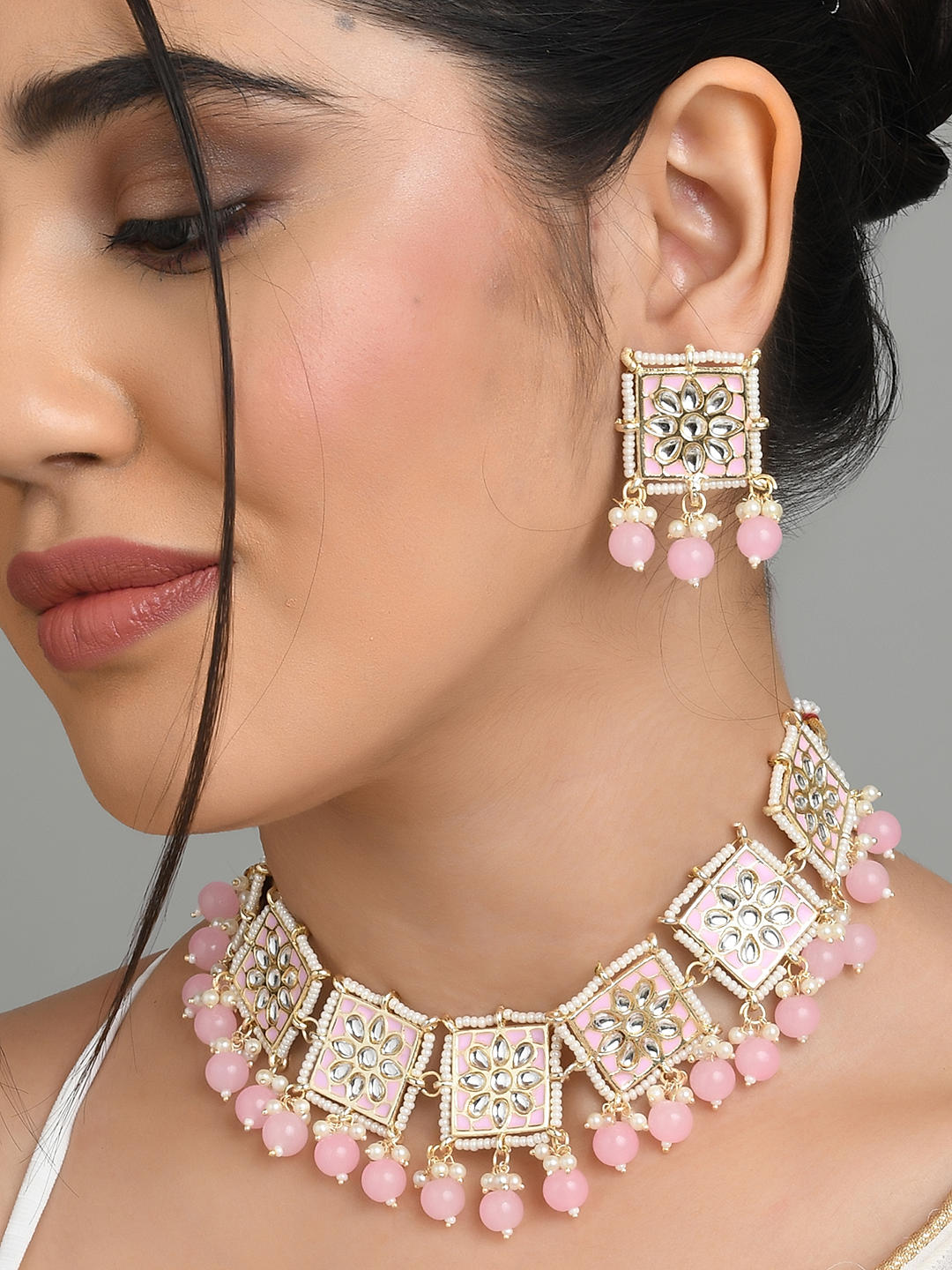 Light Pink Faux Diamond High Quality Necklace Set Indian 