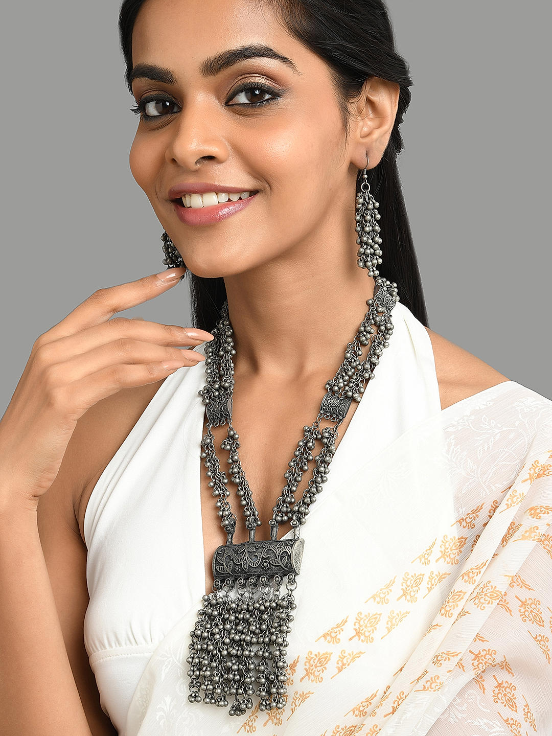 Moedbuille Earrings  Buy Moedbuille Handcrafted Silver Temple Design  Antique Oxidised Jhumkas With Ear Chain Online  Nykaa Fashion