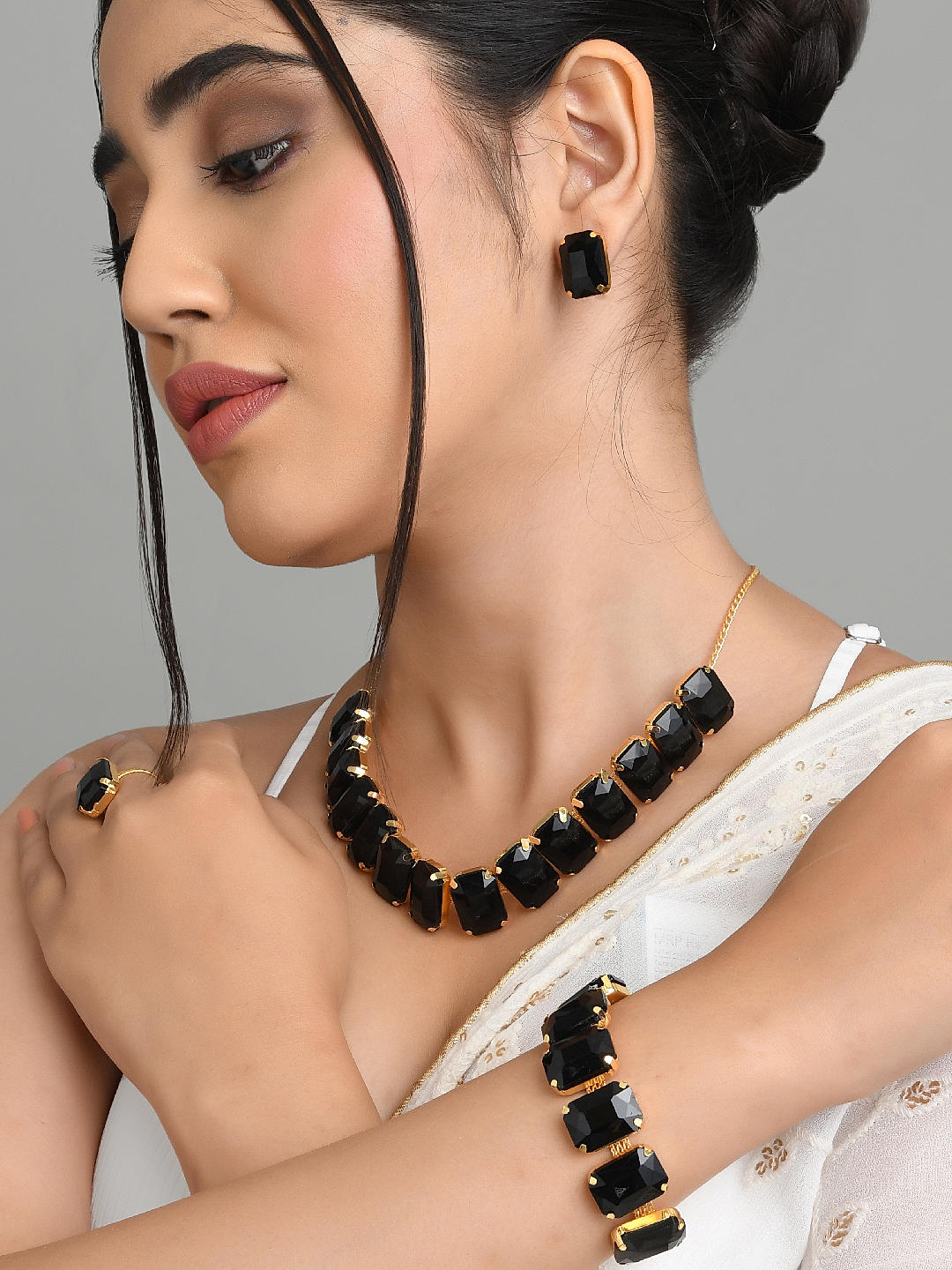 Mirror Maang Tikka and Earrings Set with Black Beads