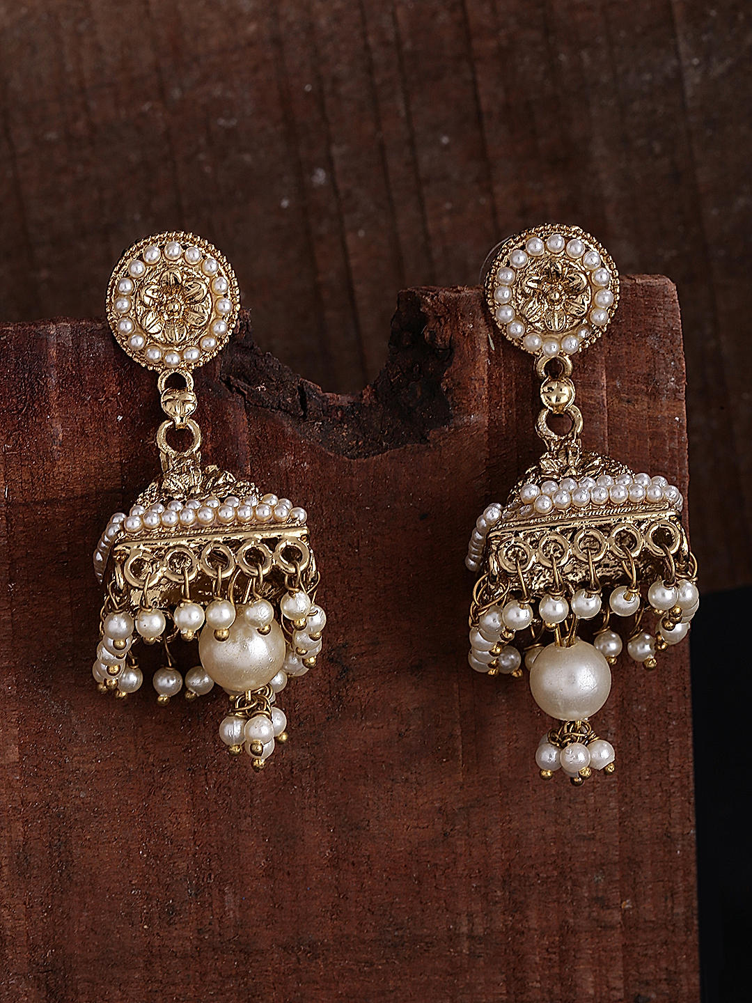 Purchase Online Pearl Gold Polish Jhumka Earrings