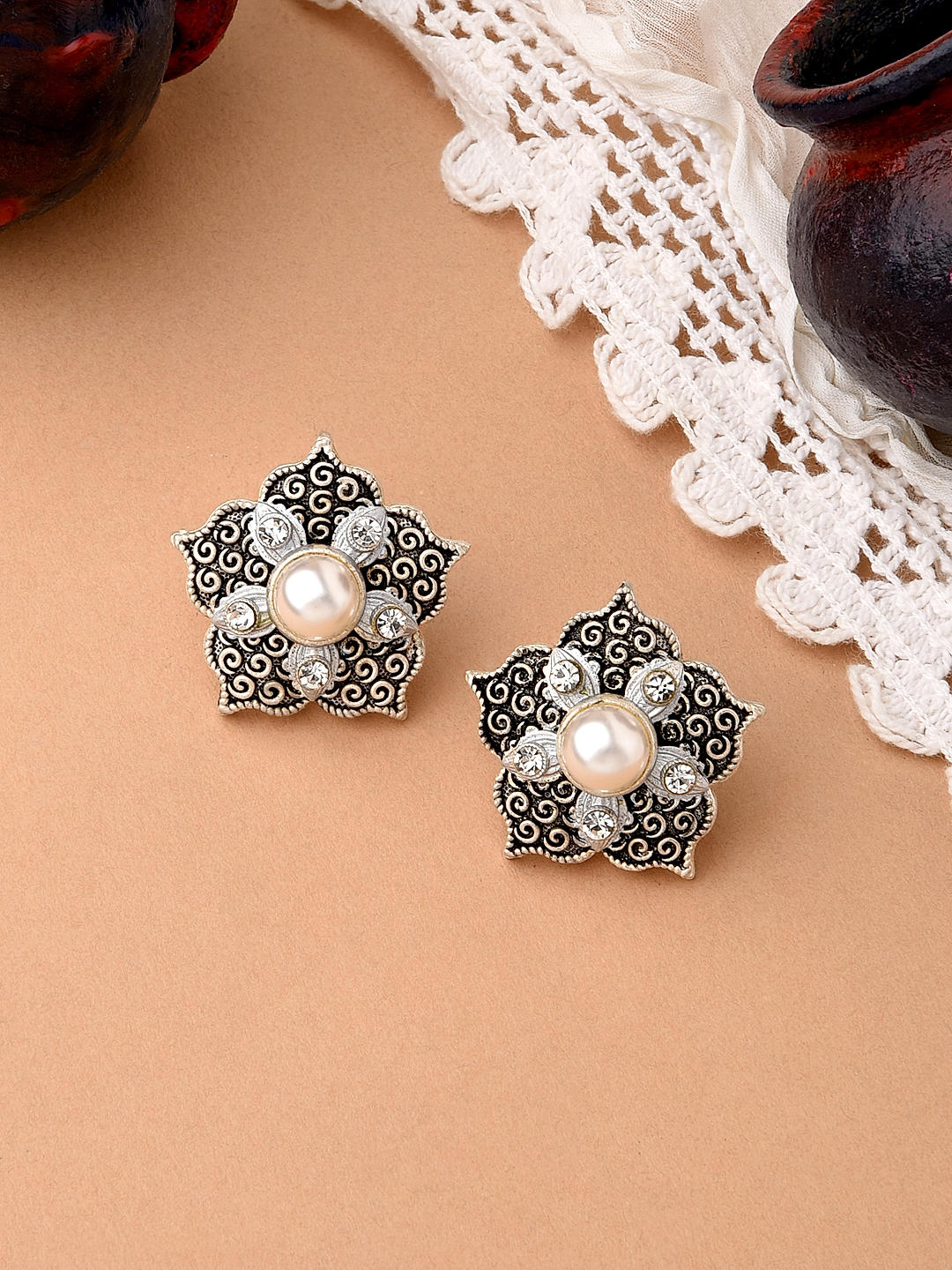 Buy Antique Gold Plated Floral Small Stud Earrings