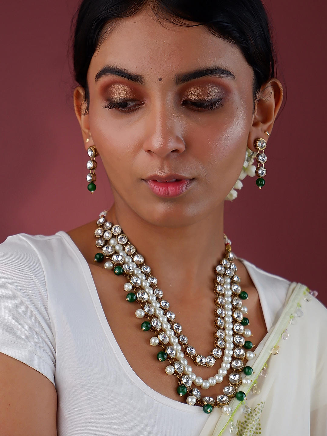 Tossed Green Necklace Set With Small Studs | Mirana