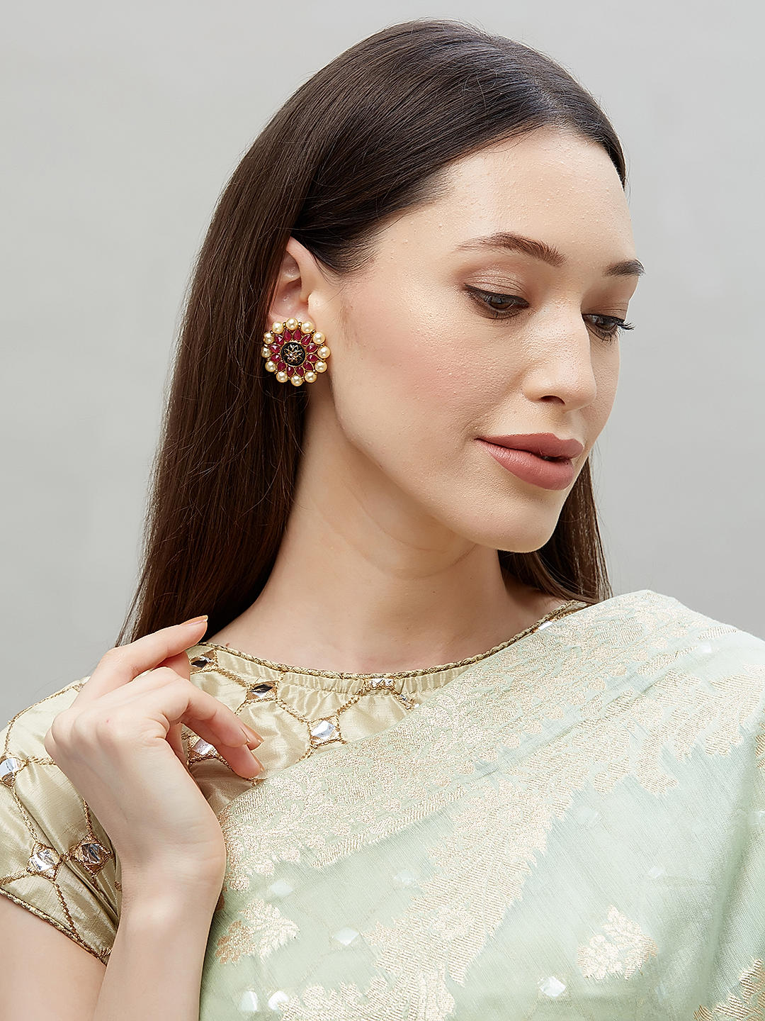 WHAT KIND OF JEWELLERY TO WEAR WITH SAREE. RUBY ENAMELLED STUD EARRINGS WITH SAREE