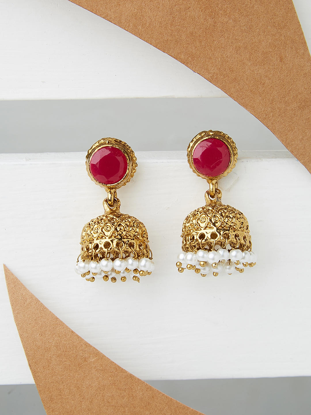 Antique Gold Dangler Earrings studded with Ruby