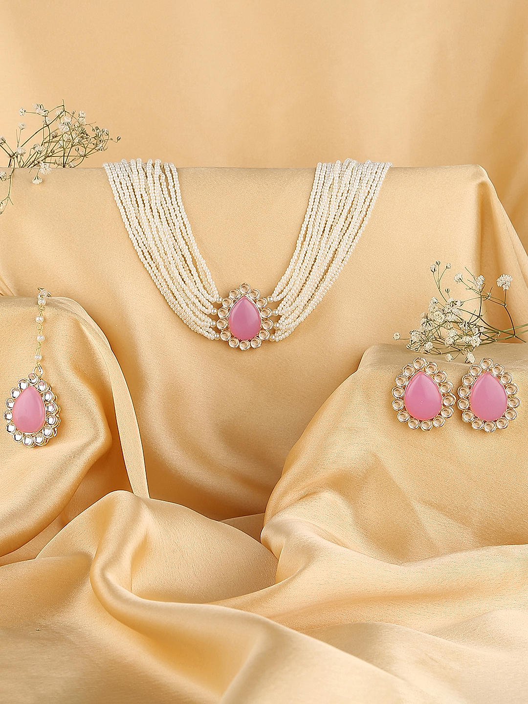 Green And Pink Necklace With Earring Jewellery Set With Kundan And  PearlsDefault Title | Pink necklace, Gold drop earrings, Jewelry set