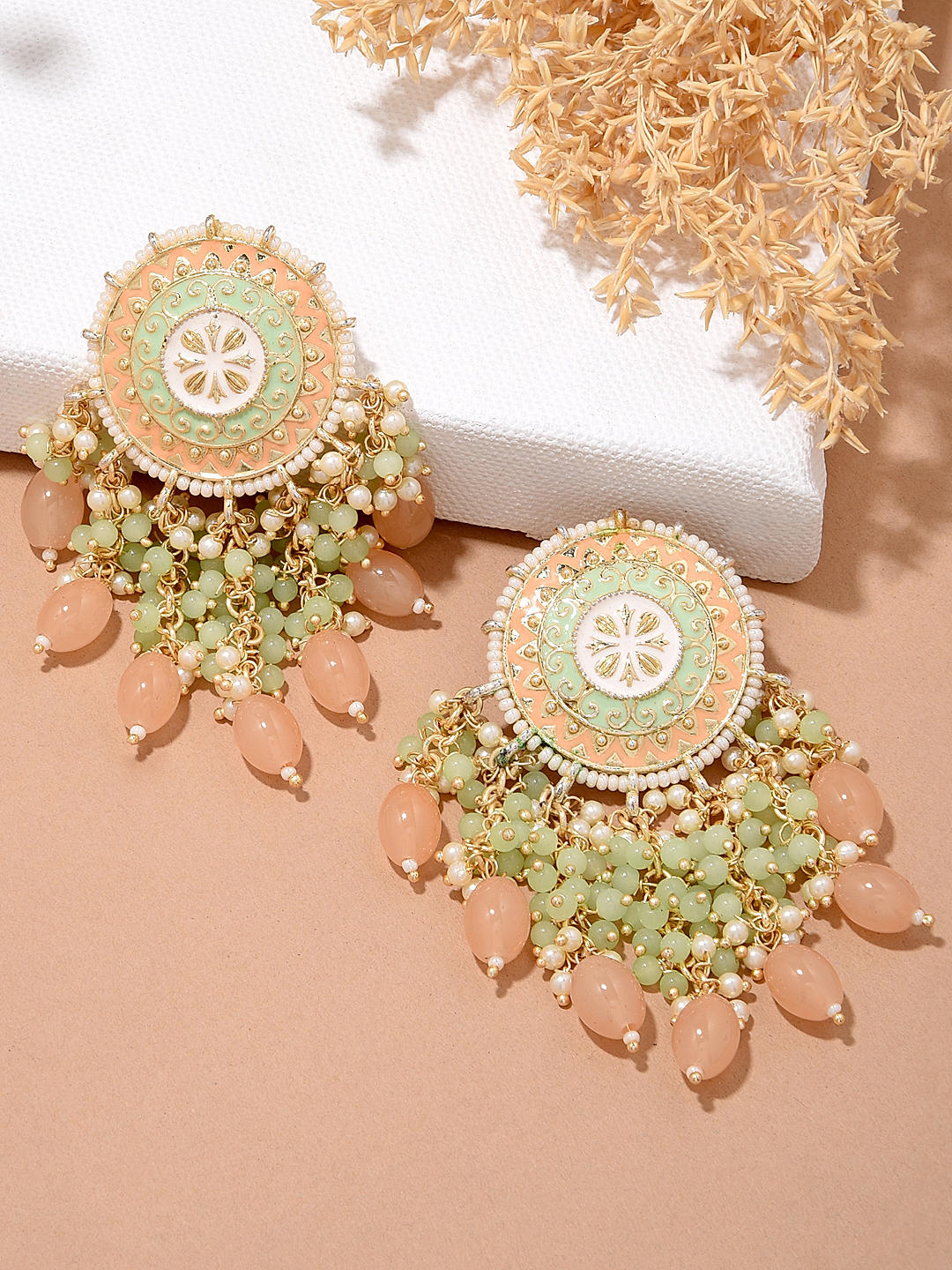 Light weight chandbali mint green minakari earrings with pearl maatal –  Maatshi