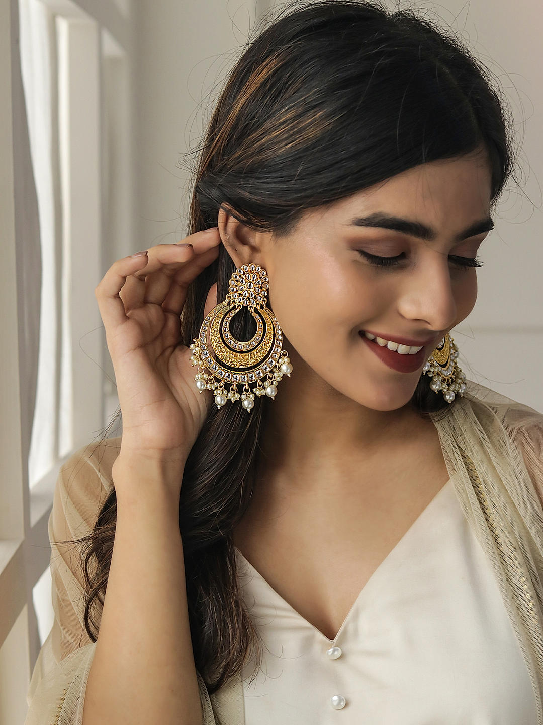 Buy Aadita Bahubali Design Heavy Earrings with Hair Chain for Women and  Girls online  Looksgudin