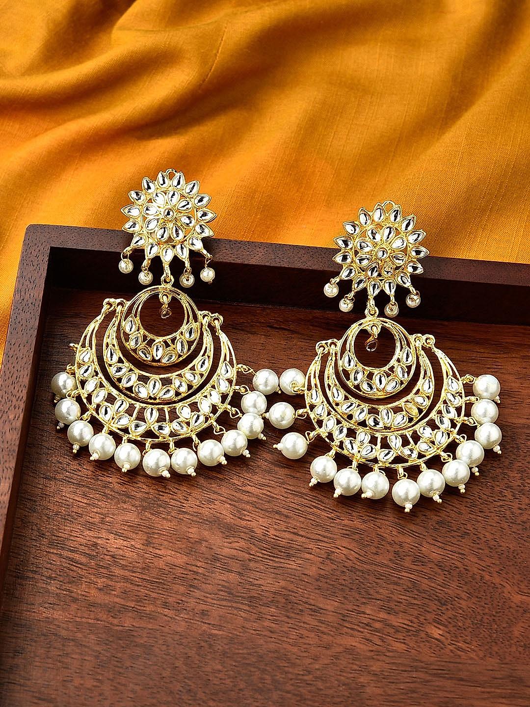 Buy Multicolour Gold Tone Kundan And Pearl Chandbali Earrings by SWABHIMANN  JEWELLERY at Ogaan Market Online Shopping Site