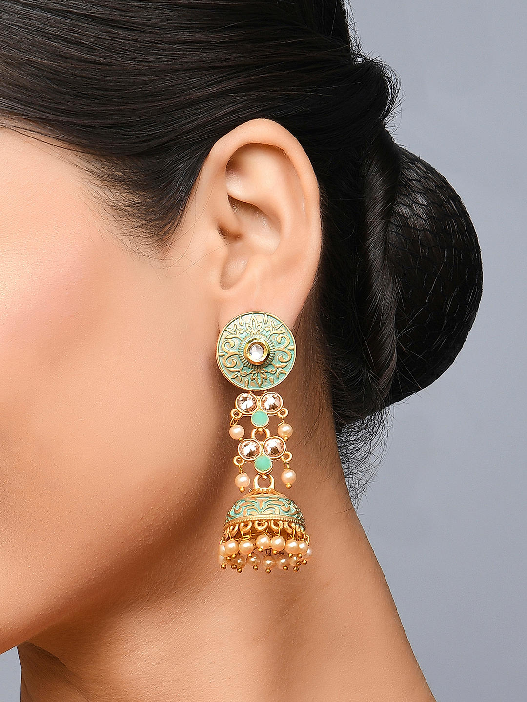 Hoor Kundan Jhumka Earrings With Ear Chain  Aamogh