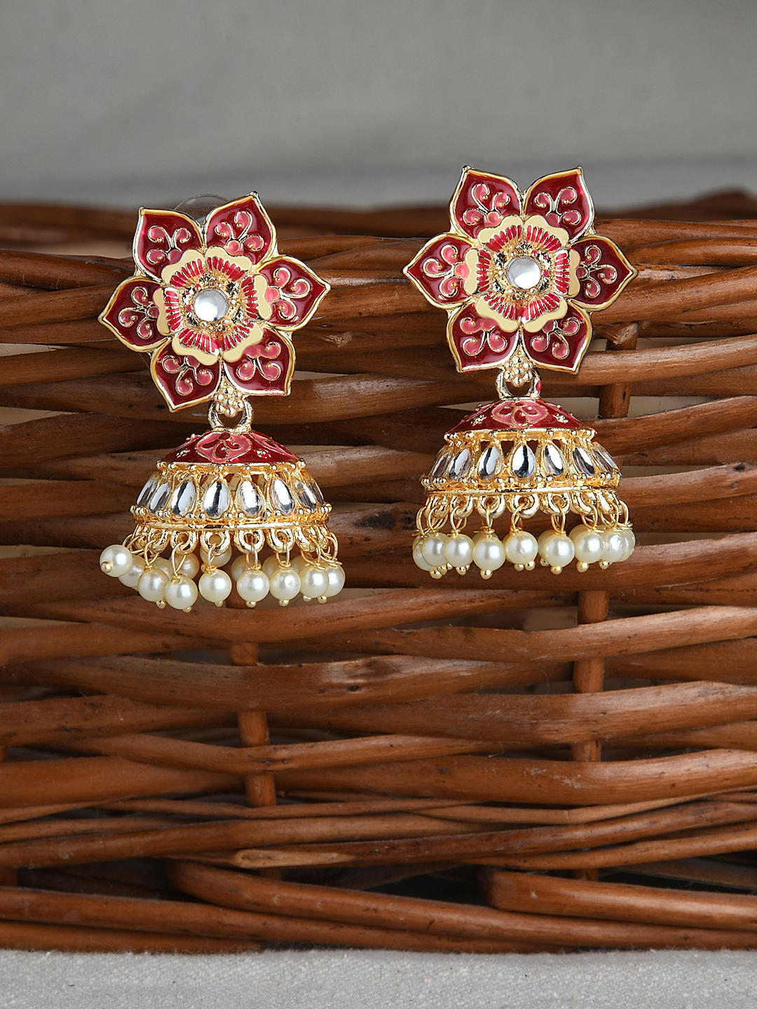 Vintage Ethnic Red Enamel Flower Jhumka Earrings for Ladies Zircon Bead  Tassel Statement Earring Pendientes Retro