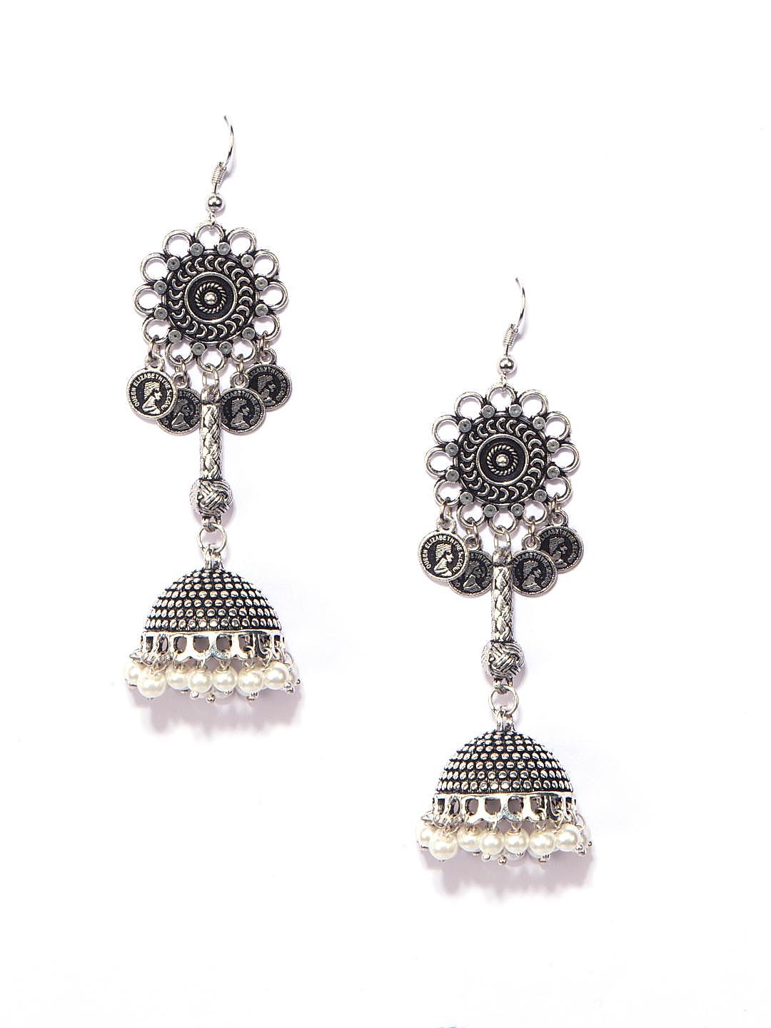 Oxidised Silver-Toned Dome-Shaped Jhumkas