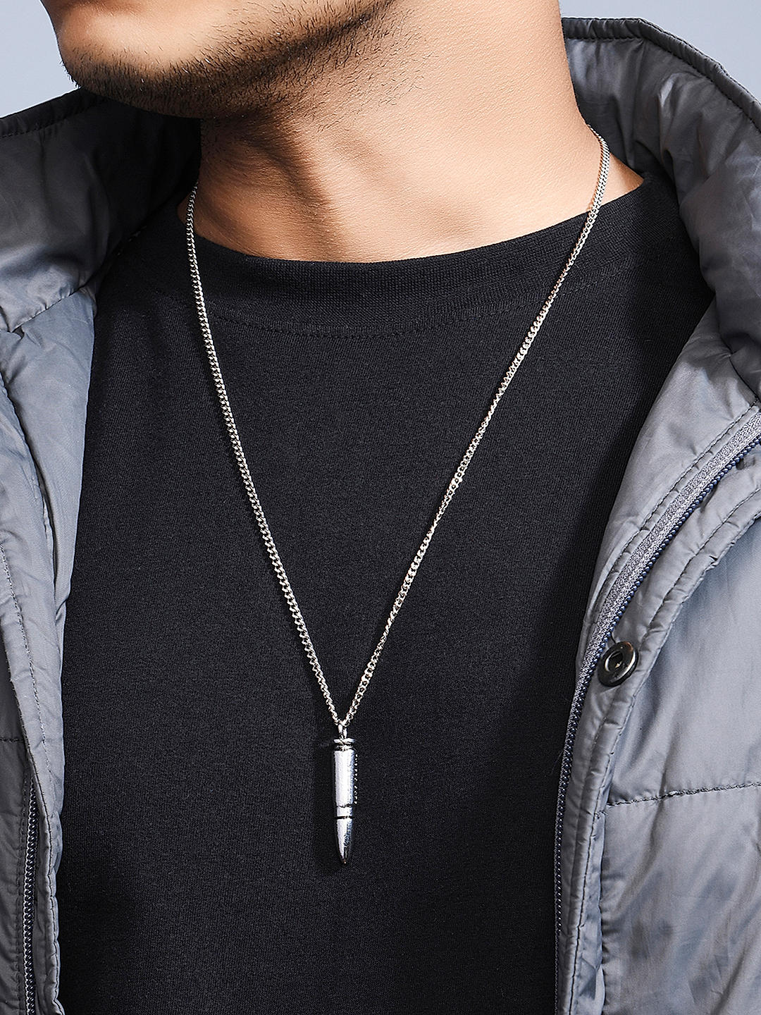 Buy OOMPH Silver Bullet Pendant With Black Fashion Chain For Men & Boys  online