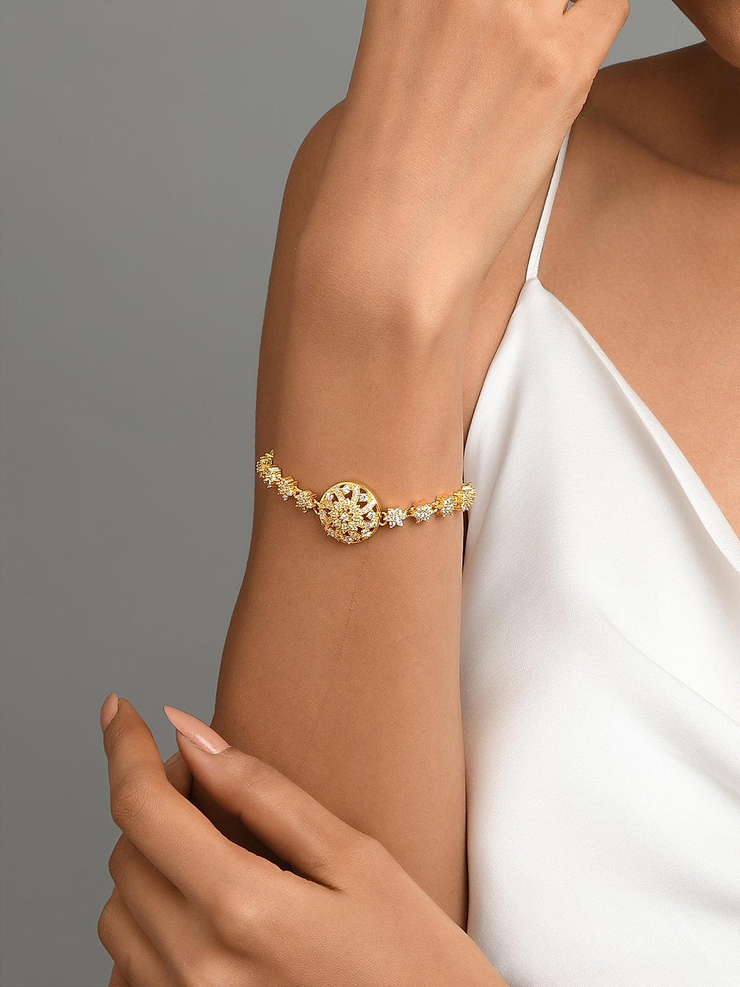 Fida Handmade Luxurious Gold Plated White American Diamond Adjustable  Bracelet for Women