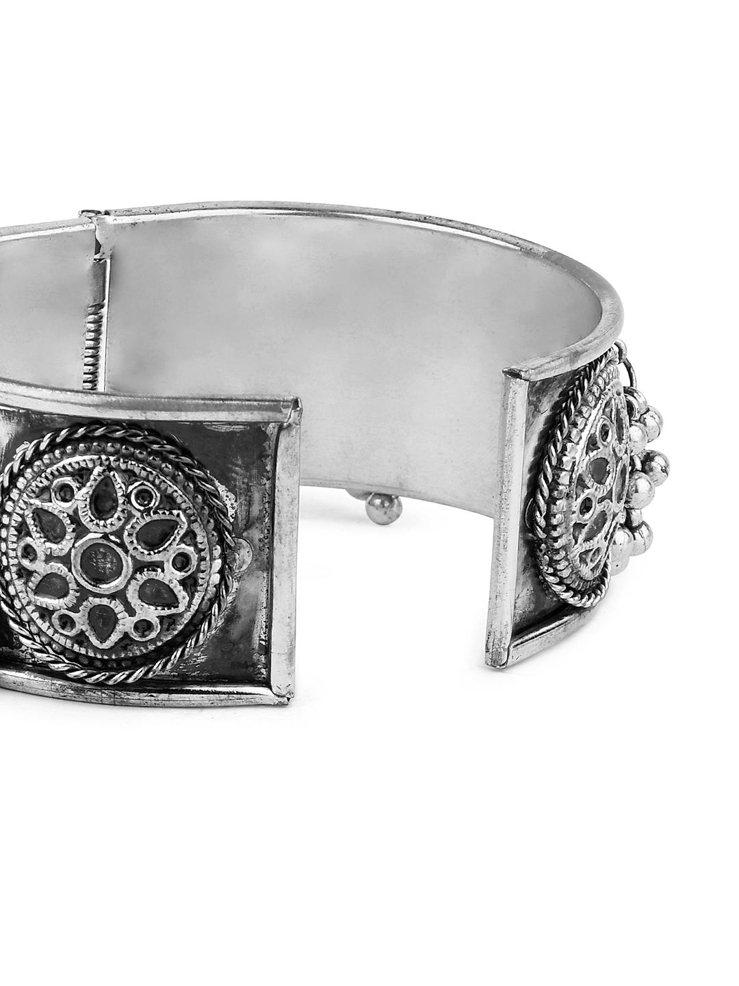 Fida Ethnic Oxidised Silver Flower Embossed Tribal Bracelet for Women