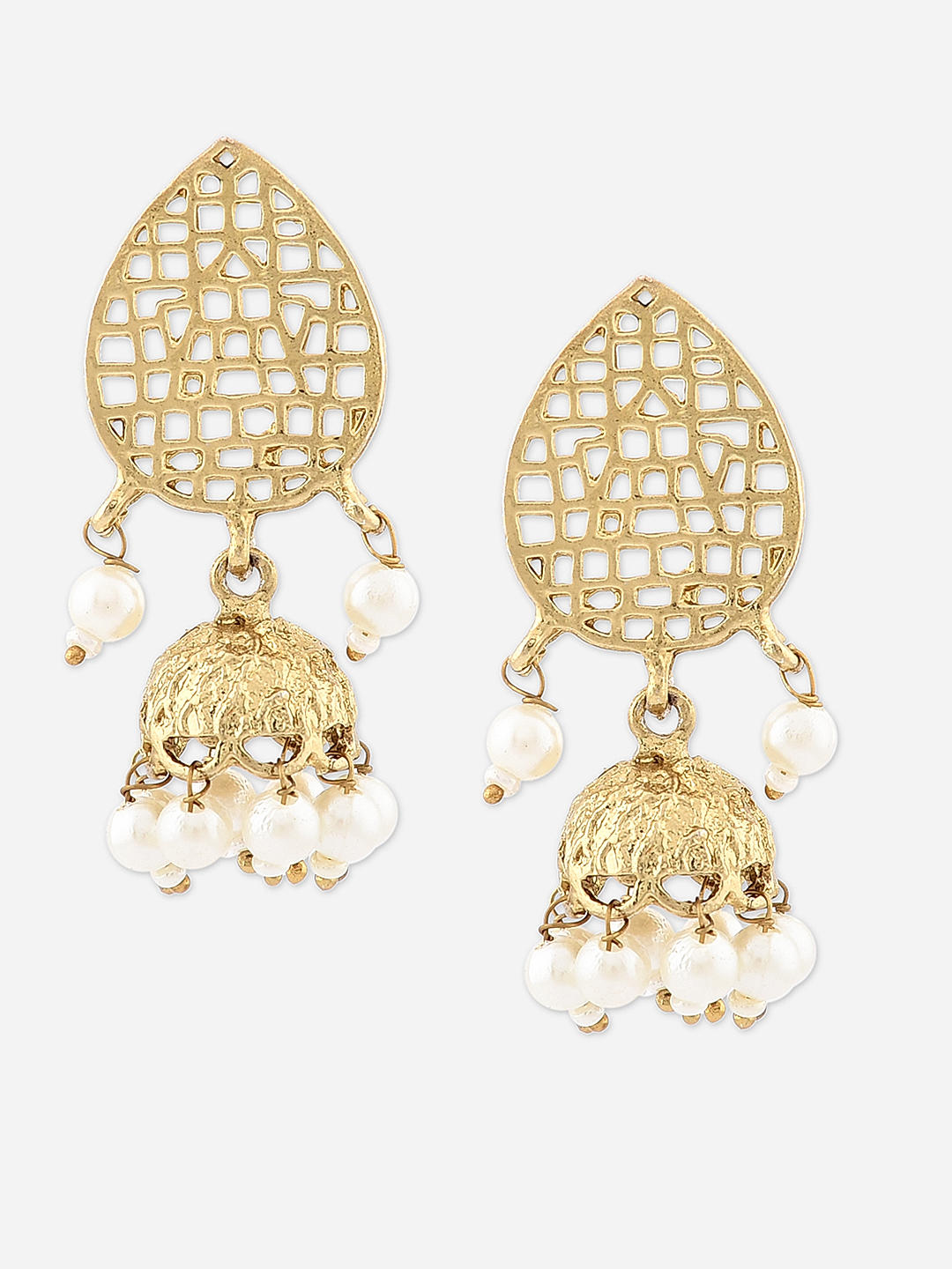 Fida Ethnic Traditional Gold Plated Temple Pearl Drop Jhumka Earrings