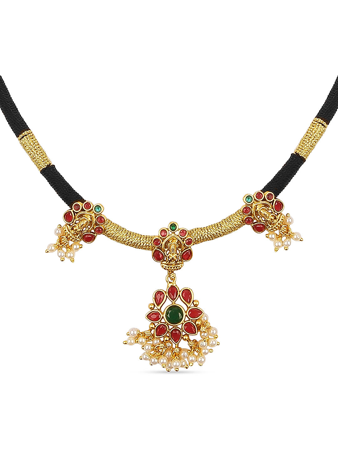 Buy Fida Wedding Ethnic Gold Plated Red and Green stone Pearl Black Cord  Necklace Jewelry Set (Onesize) Online